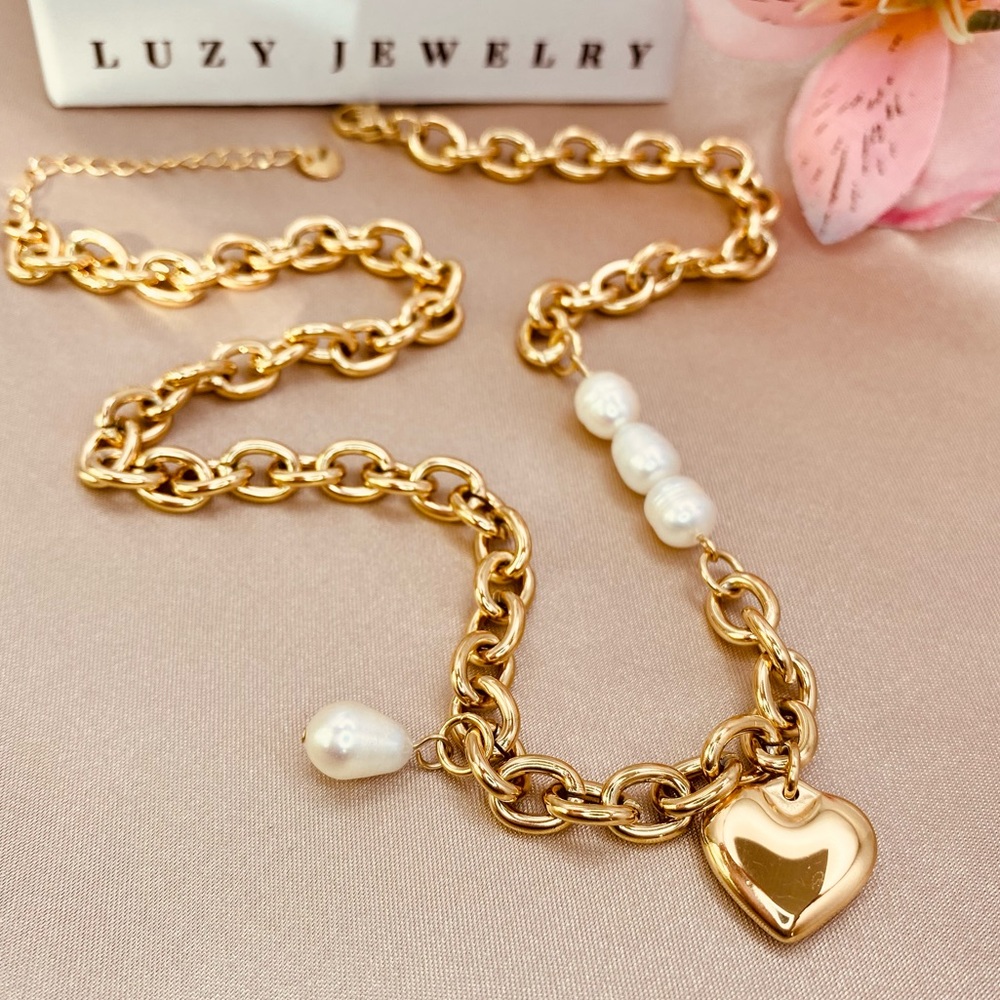 14K Gold Baroque Pearls Heart Charm Chunky Curb Link Statement Necklace - Picture 2 of 8